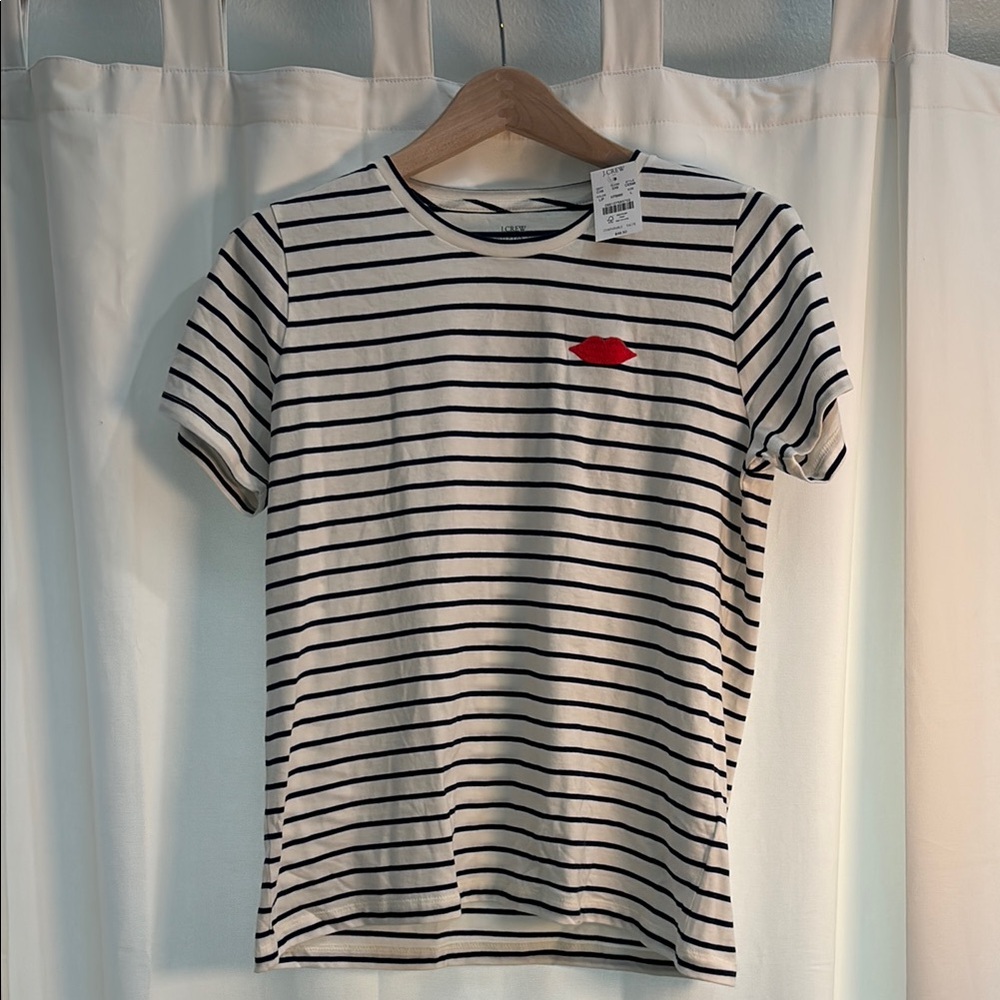 J. Crew Collector Blue and White Striped Tee with Red Lip